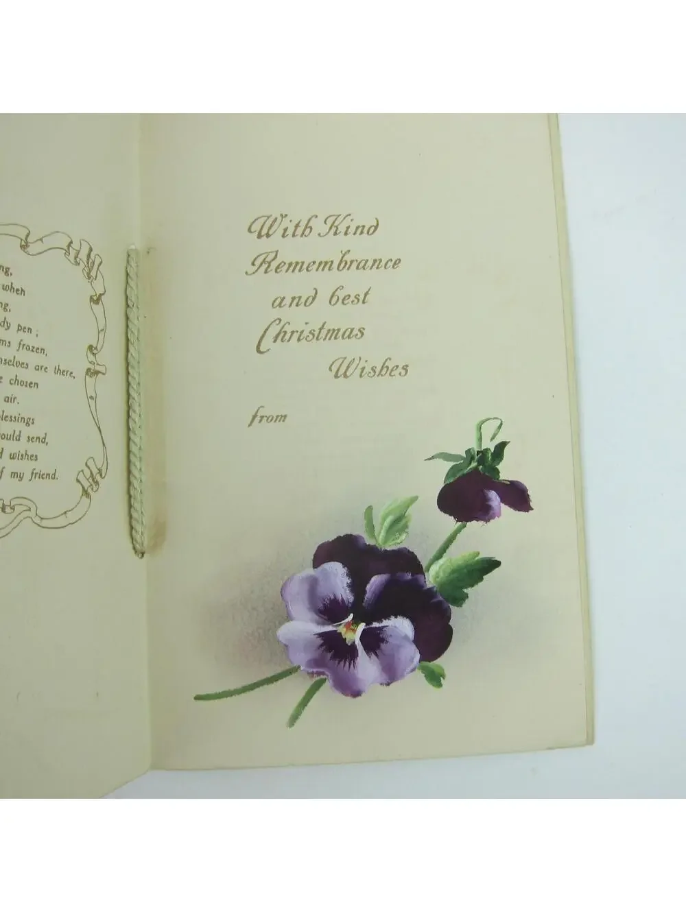 Victorian Christmas Card Remembrance Pansy Flowers Purple Embossed Booklet Style